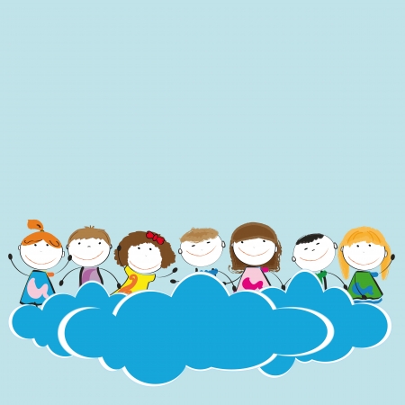 Happy and cute girls and boys in sky with cloudsのイラスト素材