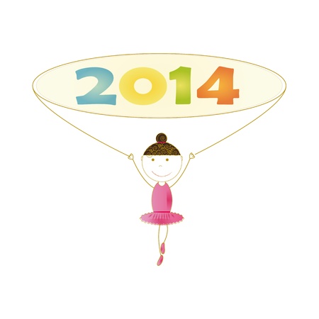 Cute and colorful card 2014 with happy girlのイラスト素材
