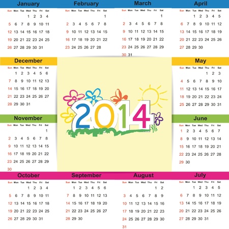 Cute and colorful calendar on 2014 yearのイラスト素材