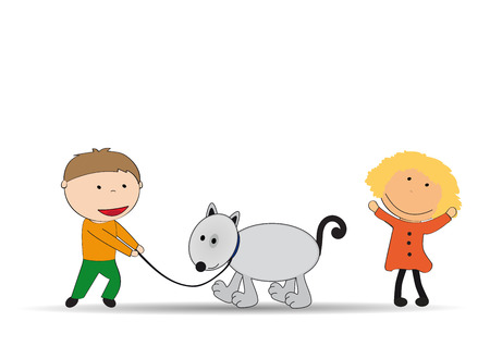 Happy kids and dog on the walkのイラスト素材
