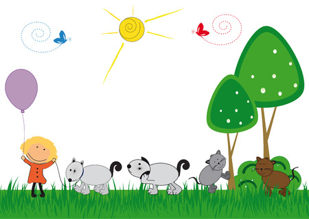 Happy kids and cat and dog playing outsideのイラスト素材