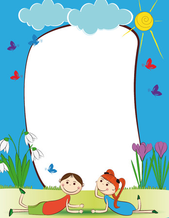 Cute kids frame with happy boy and girlのイラスト素材