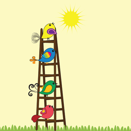 Colorful and cute birds on the ladder のイラスト素材