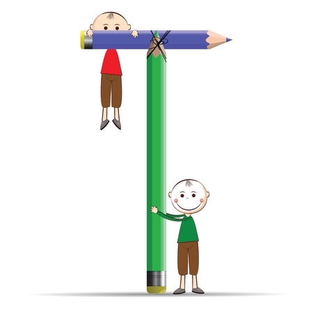 Happy kids and letter T with colorful crayons のイラスト素材