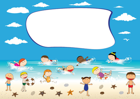 Happy girls and boys on the beachのイラスト素材