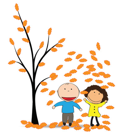 Happy girl and boy and colorful leavesのイラスト素材