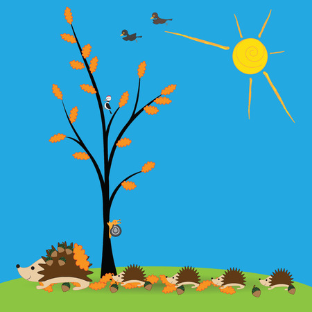 Colorful autumn with happy family hedgehog and birdsのイラスト素材