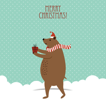 Cute and funny Christmas card with brown happy bearのイラスト素材