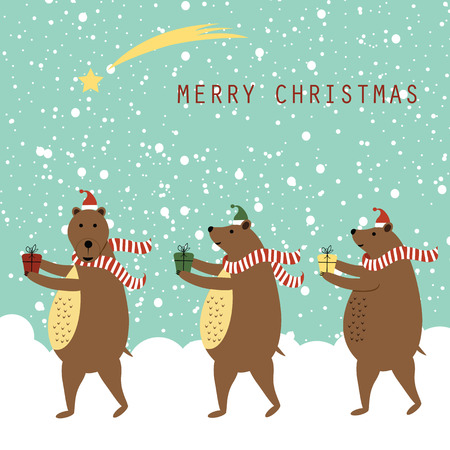 Cute and funny Christmas card with brown happy bearのイラスト素材