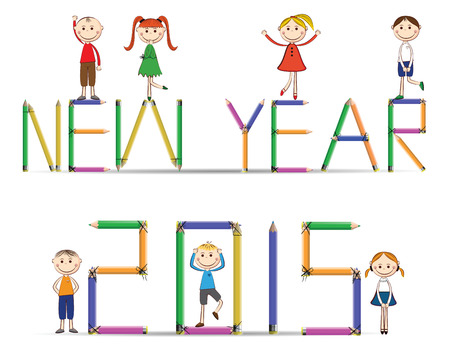 Cute and abstract card on New Year 2015 with happy kidsのイラスト素材