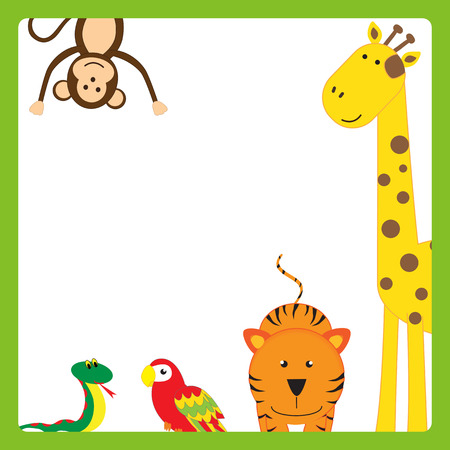 Cute, abstract frame with cheerful tropical animalsのイラスト素材