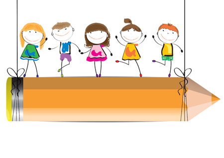 Happy, cute cartoon kids with crayon as a  bannerのイラスト素材