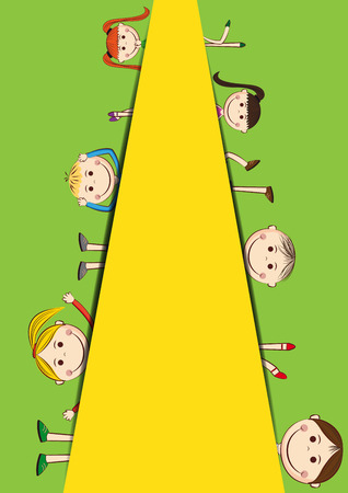 Happy, cute cartoon kids with yellow bannerのイラスト素材