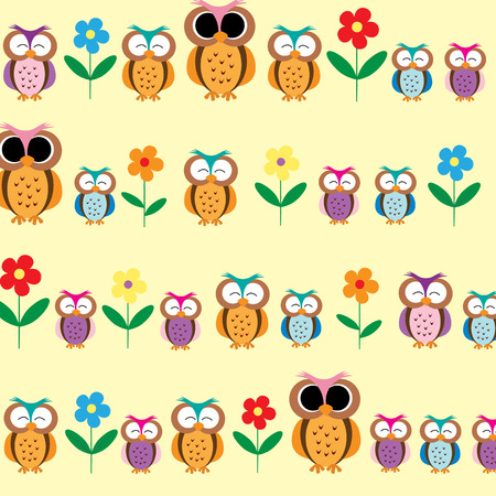 Colorful and cute kids background with flowers and owlsのイラスト素材