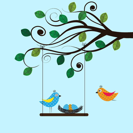 Spring tree with colorful and funny birdsのイラスト素材
