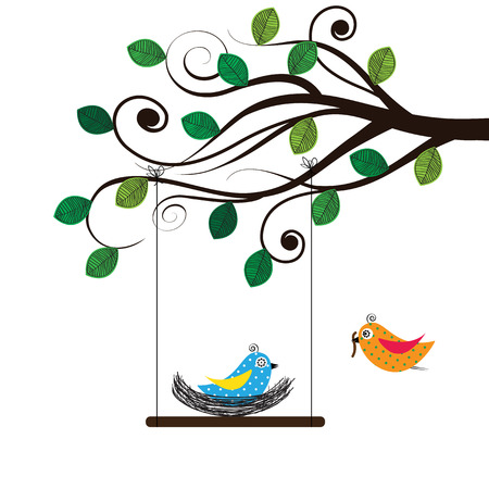 Spring tree with colorful and funny birdsのイラスト素材