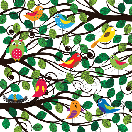 Spring tree with colorful and funny birdsのイラスト素材