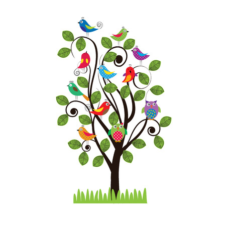 Colorful background with fanny birds and leavesのイラスト素材