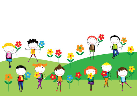 Happy, healthy and colorful girls and boys with flowersのイラスト素材
