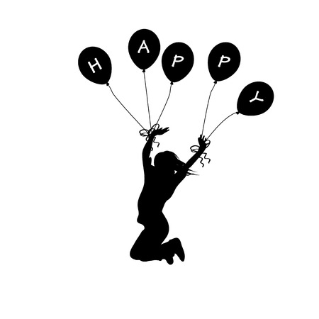 Happy girl playing and jumping with balloonsのイラスト素材