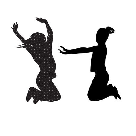 Happy girls and boys playing and jumpingのイラスト素材