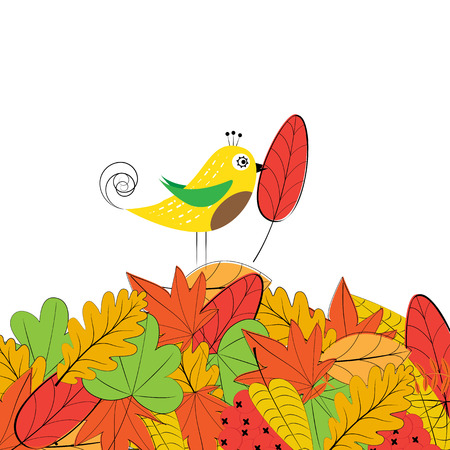 Card with colorful autumn leafs and birdのイラスト素材