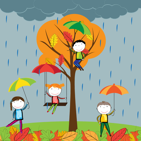 Happy children playing in the autumn leavesのイラスト素材