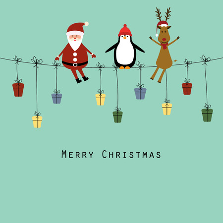 Cute christmas card with Santa, reindeer and penguinのイラスト素材