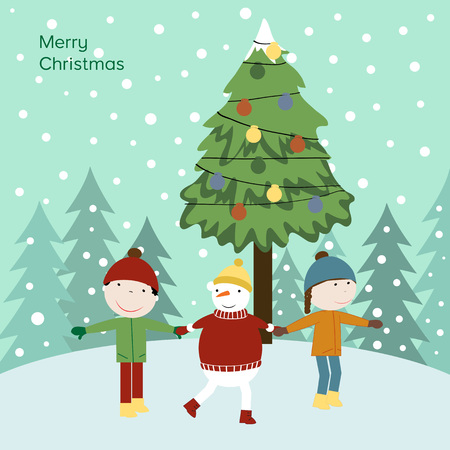 Cute Christmas card with the happy kidsのイラスト素材