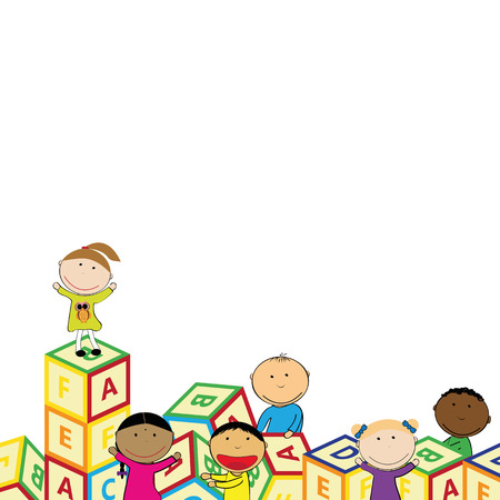 Illustration with happy kids and colorful blocksのイラスト素材
