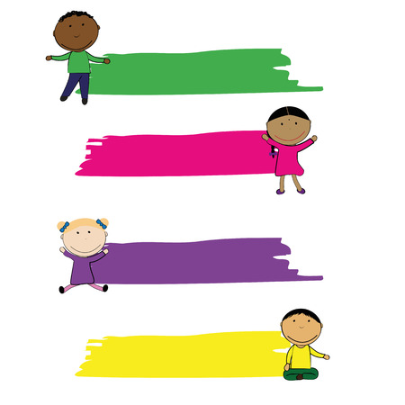 Happy girls and boys with colorful bannerのイラスト素材
