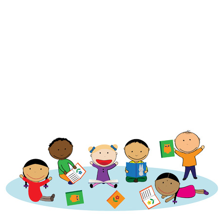 Illustration with happy kids and colorful booksのイラスト素材