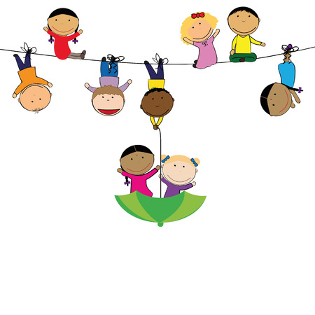 Happy and small girls and boys playing outsideのイラスト素材