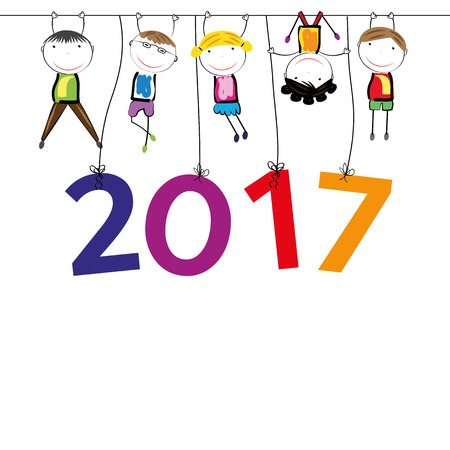 Colorful card for New Year 2017 with happy kidsのイラスト素材