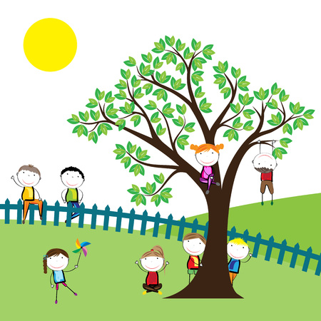 Happy boys and girls playing outsideのイラスト素材