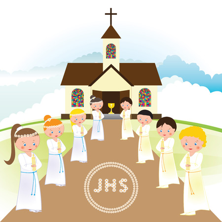 My first communion - boys and girls in front of the churchのイラスト素材