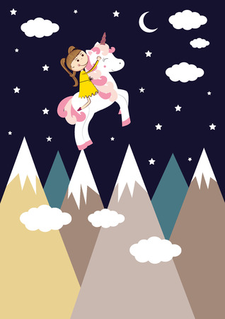 Small girl and her sweet unicorn.のイラスト素材
