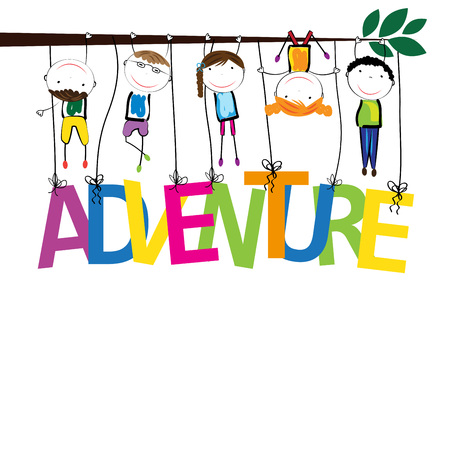 Boys and girls with the word adventureのイラスト素材