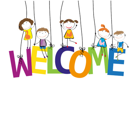 Boys and girls with the word welcomeのイラスト素材
