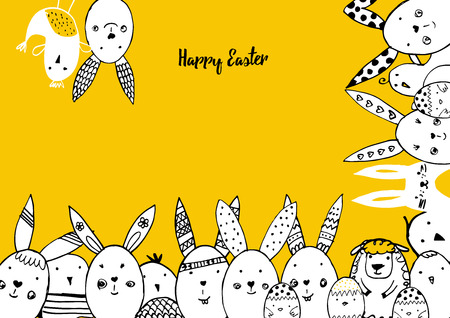 Cute card with hand drawn easter illustrationsのイラスト素材
