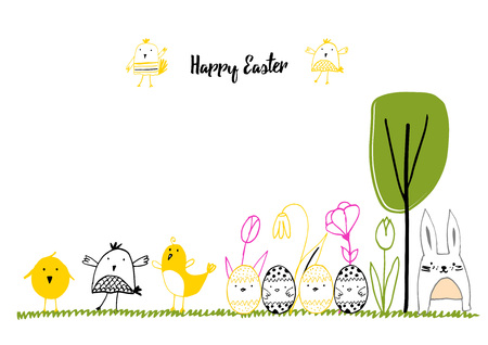 Cute card with hand drawn easter illustrationsのイラスト素材