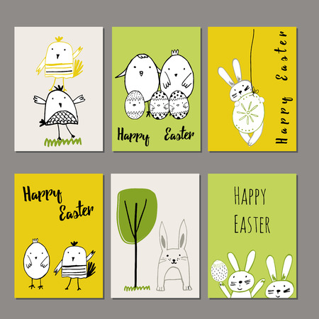 Cute cards with hand drawn easter illustrationsのイラスト素材