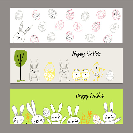 Cute banners with hand drawn easter illustrationsのイラスト素材