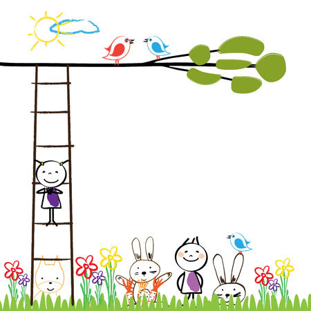 Small and happy children are playing outside.のイラスト素材