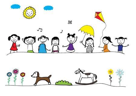 Colorful and happy girls border. Hand drawn illustrationのイラスト素材