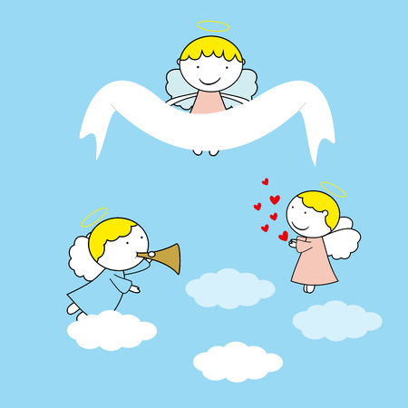Lovely small angels on blue backgroundのイラスト素材