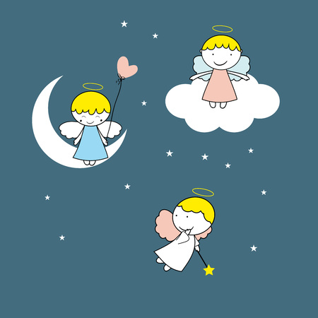 Lovely small angels on blue backgroundのイラスト素材
