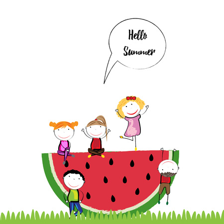 Happy and healthy kids with a fresh watermelonのイラスト素材