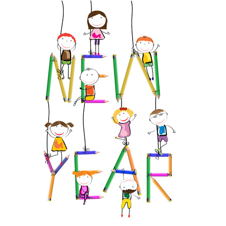 Colorful card for New Year 2018 with happy kidsのイラスト素材