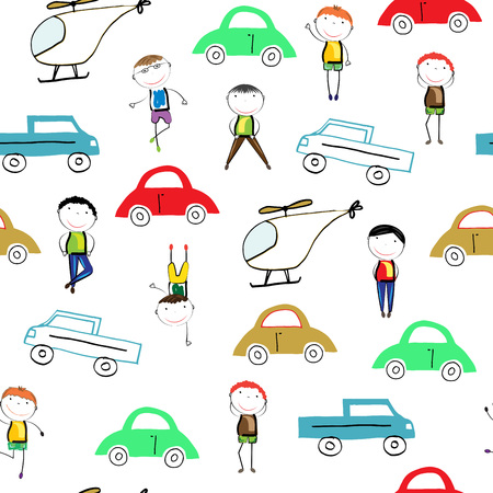 Seamless pattern with colorful cars and helicoptersのイラスト素材